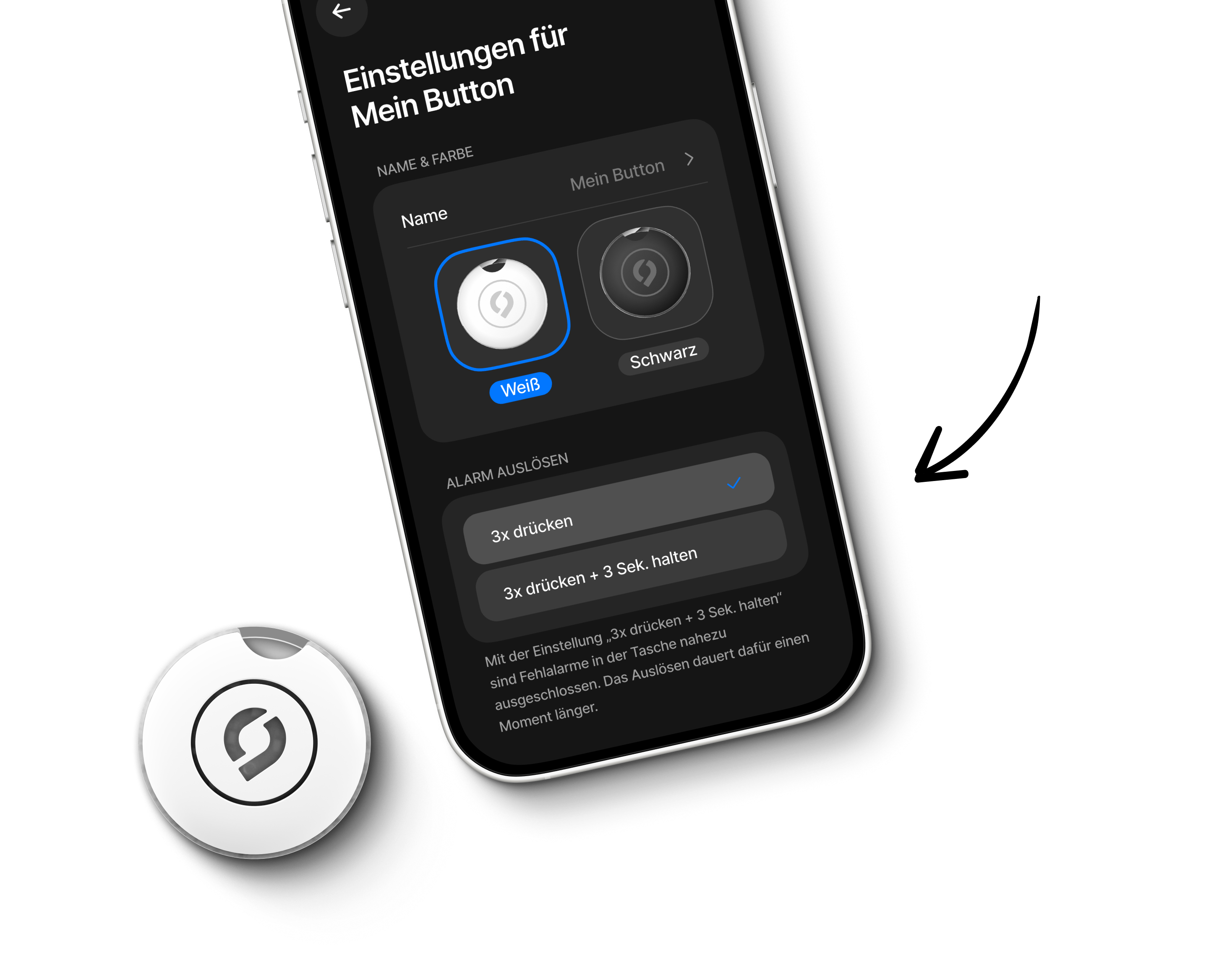 Handy mit den Auslöser-Einstellungen des SafeNow Buttons