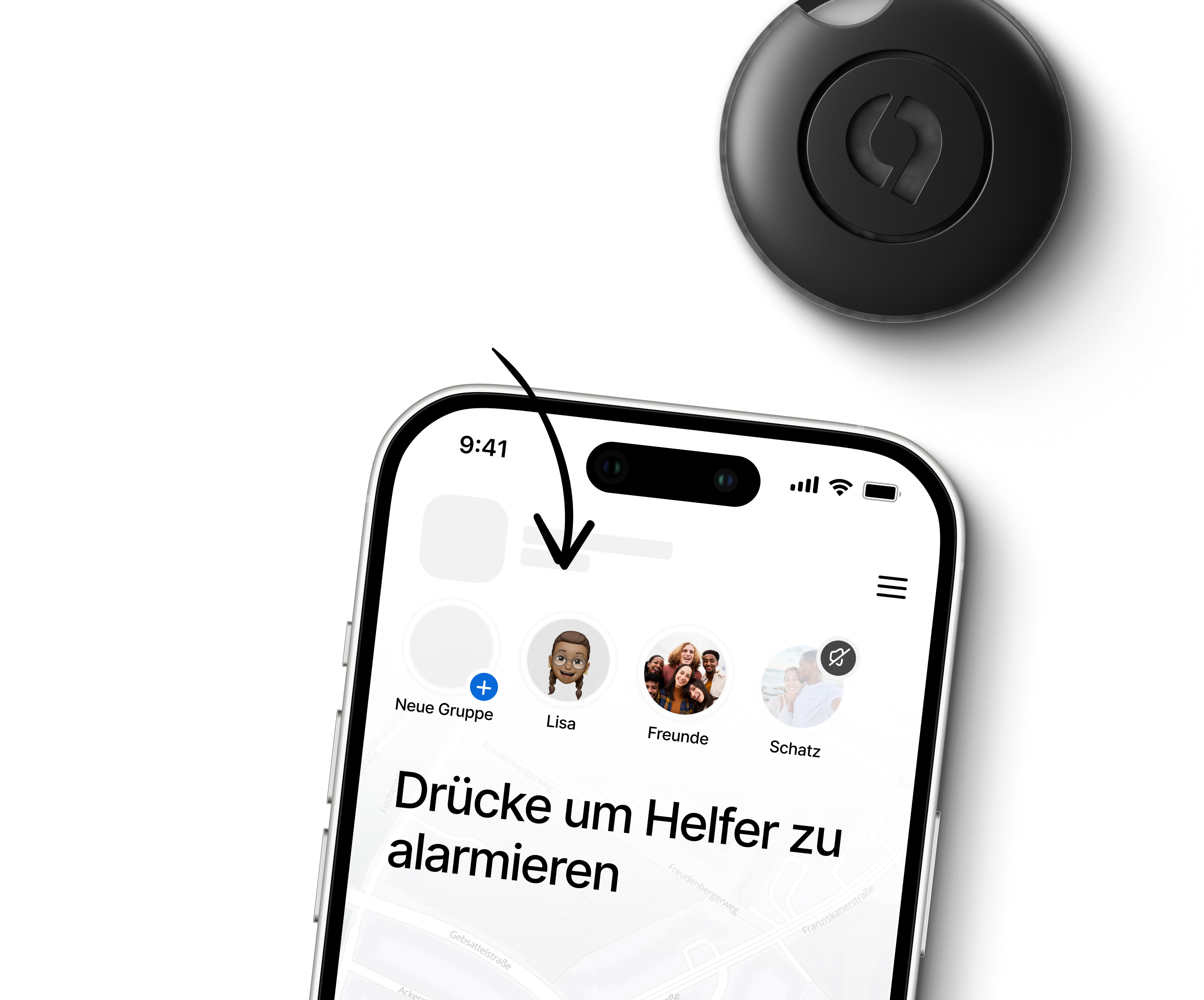 SafeNow Button über einem Handy mit der Kontakt-Auswahl