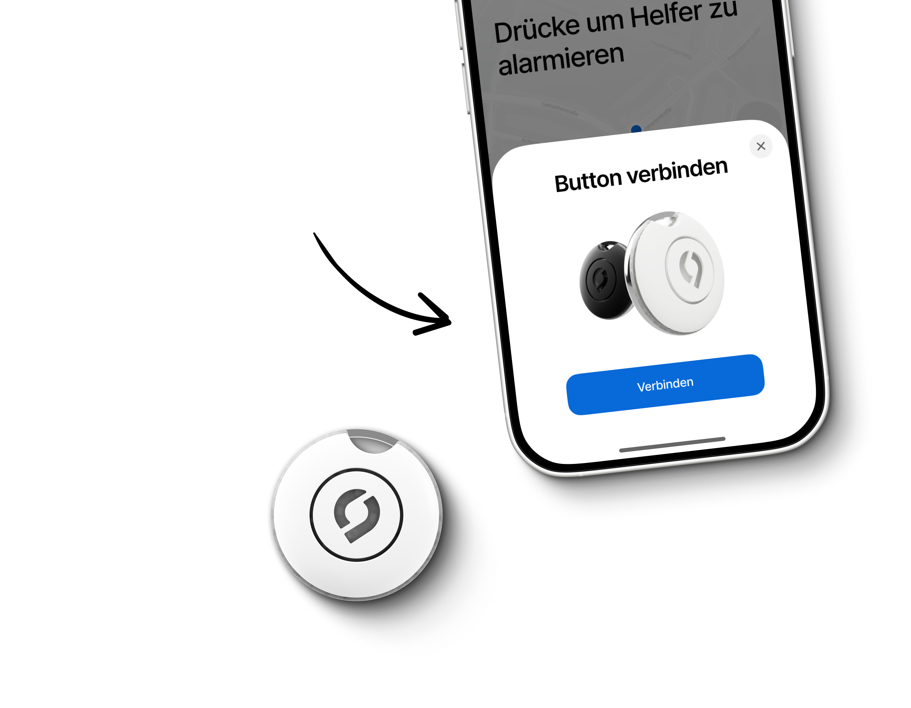 Der SafeNow Button wird mit der SafeNow App auf dem Handy verbunden
